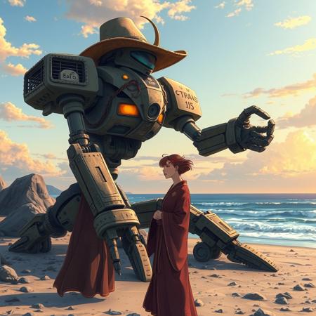 A giant robot cowboy sits on a beach, barnacle-covered robot. robot wears cowboy hat. A beautiful woman in traditional priestess robes stands in the foreground, thoughtful. seascape in background. sunset sky. In the style of anime.