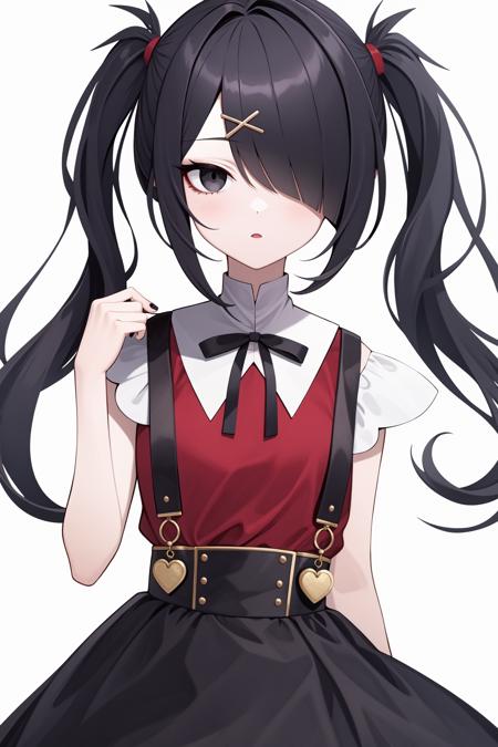 <lora:è¶å¤©é»:0.8:lbw=char>,chaotian2,twintails,black hair,hair ornament,hair over one eye,x hair ornament,ribbon,suspenders,shirt,black ribbon,skirt,bangs,suspender skirt,neck ribbon,hairclip,black skirt,black eyes,red shirt,black nails,, 1girl,
,  (masterpiece,best quality:1.2),absurdres