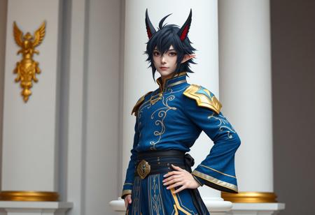 A high-resolution, 4K full body photographic portrait of a male cosplayer embodying a Fire Emblem: Awakening character. He wears a detailed blue and gold outfit with intricate textures and a black wig featuring sharp, pointed ears. He stands confidently with his left hand on his hip and his right hand on his thigh, positioned in front of a white pillar with ornate gold accents. The image boasts Exceptional Quality, More Detail, Lifelike Details, Super Detailed Face and Eyes and Clothes, Handcrafted with Precision, High Quality, Sharp Lines, Stunning Colors, Harmonious Colors, Multi Colored, Contemporary Aesthetics, Beautiful Matte Painting elements, Impeccable Composition, Creative Angle, Attractive Background, Balanced Editing, Intentional Focus, Well-timed Moment, subtle Isometric perspective, Captivating Lighting highlighting the costume and face, rendered with Octane Render and Unreal Engine 5. The image conveys Vivid Emotions and a Joyful Impact, aiming for a Powerful Message. Includes Beautiful Detailed Eyes. This is a masterpiece suitable for CGSociety and Artstation Trending on ArtstationHQ, following the Golden Ratio, subtly incorporating Grammer Effect Style, Splash Ink Illustration, Raphael Style, and Houdini Style.