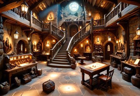 score_9, score_8_up, score_7_up, score_6_up, score_5_up, score_4_up, scenery, photorealistic, fantasy, nature, highly detailed, 
BREAK;
(masterpiece:1.2), (best quality,:1.2), 8k, HDR, ultra detailed, ((photorealistic)), stunning, untamed paradise, atmospheric effects, professional light, cinematic lighting, fashion photography, ambient lighting, atmospheric effects;
A highly detailed isometric map of a archeology shop, featuring a large wooden main hall with sturdy oak counter,displays were properly organized with trinkets, artifacts and items from all over the continent, Include archeology-themed decorations like various trinkets, rings and crystals behind displays, Add a few scattered adventurer belongings: backpacks, swords leaning on chairs, and a map unrolled on one table. To the side, place a staircase leading upstairs to private rooms. Include wooden beams and lantern for a warm, cozy glow. All elements should be highly detailed and visible. The background should be transparent with clear, crisp edges for easy integration. No modern elements, strictly medieval fantasy aesthetic.
.detailxl,negativeXL_D, midjourneyv6.1,