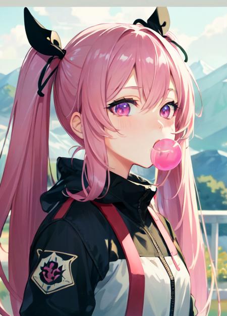 (masterpiece:1.5), illustration, 4k, 8k, (high quality:1.1), highly detailed, detailed face, HDR, vivid colors, <lora:bubblegum:1>, bubblegum, chewing_gum, blowing bubbles, bubble gum  posing, green hills, mountains, detailed scenery, fantasy, bokeh, depth of field, <lora:eyo:1>, eyo, pink hair, twintails, hair tie, pink eyes