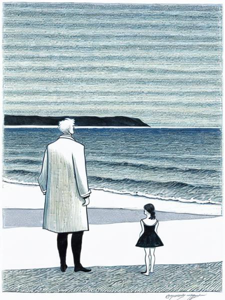 <lora:EdwardGorey:1>a drawing of a man and a little girl standing on a beach next to the ocean by Edward Gorey