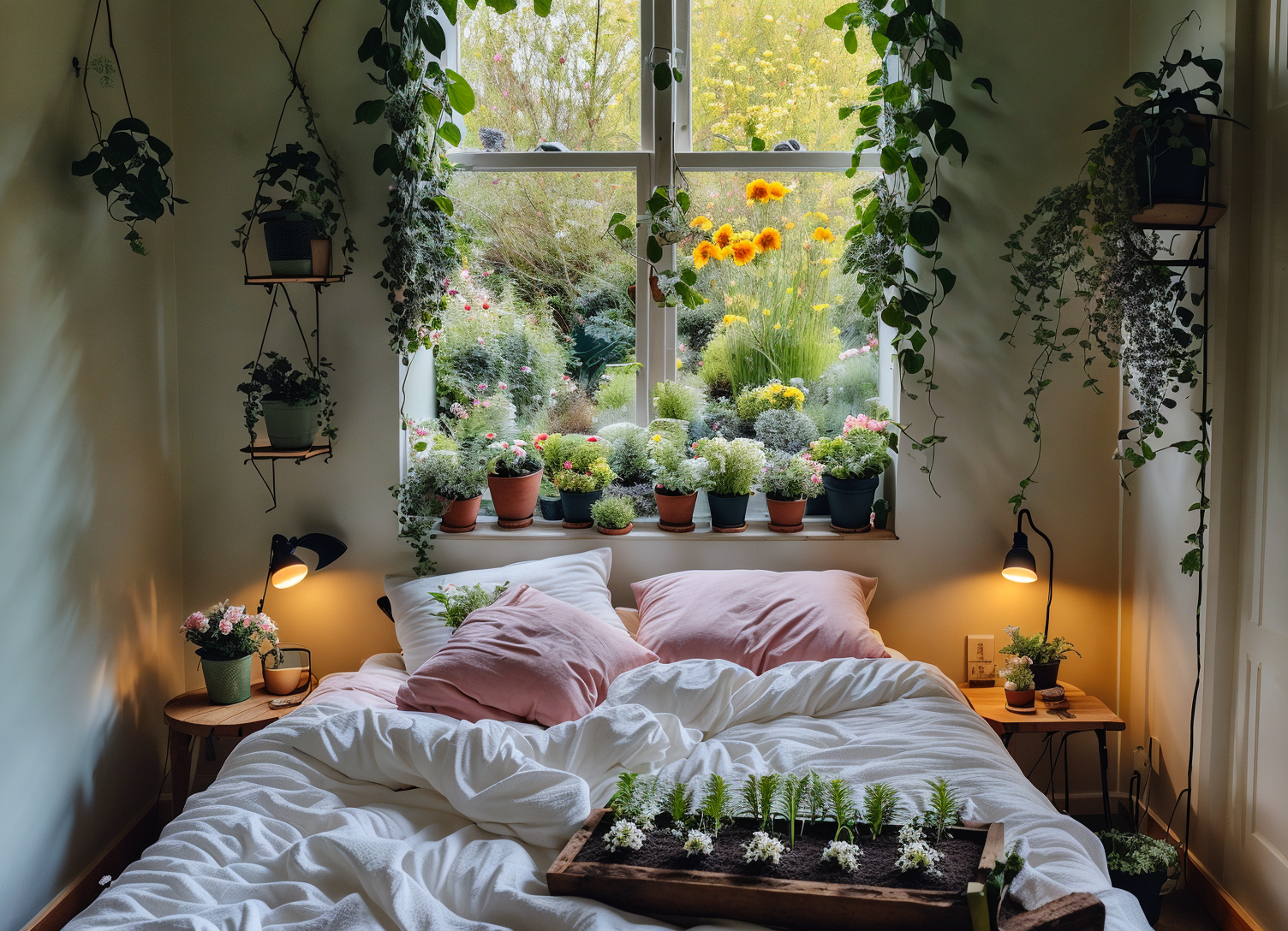 (photo:1.2) of a (cozy:1.2) upscale (spring gardenism:1.2) bedroom