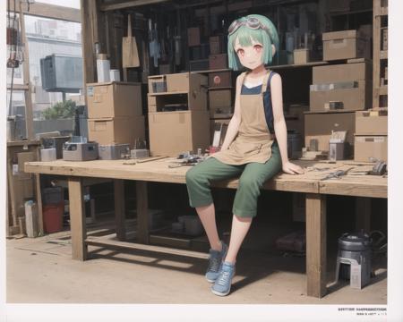 best quality, (masterpiece:1.2), illustration, absurdres,
(1girl, solo), (beautiful detailed girl),  full body shot,
<lora:Mint-07:0.8>, Mint, green hair, red eyes, small breasts, thin, petite,
happy, smiling, sweat, wiping off sweat, looking at viewer,
goggles on forehead, goggles on hair,
black vest, (brown apron:1.2), blue sneakers, green pants,(engineer, mechanic:1.1), tools, tool belt, tool apron, wrench, 
inside workshop, factory, inside intricate robot workshop, engineering facility, technology, mechanical,
(sitting, resting, relaxing),