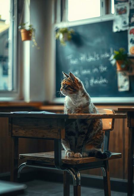 (Soft Lighting Photography by Mimoza Veliu and Mario Giacomelli:1.2), NSFW, a cat sitting alone at a wooden desk, gazing quietly out the window with a wistful expression,  classroom filled with subtle ambient light, chalkboard behind her with faint handwriting, hanging plants and posters evoke a lived-in academic atmosphere — shallow depth of field, soft focus. The image appears sharp, with vibrant colors and a clear focus, possibly indicating high resolution and professional quality