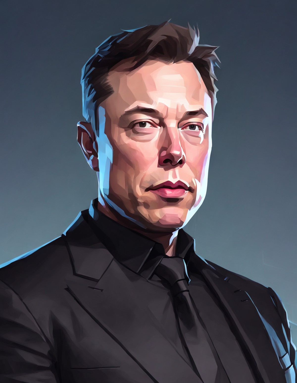 a closeup picture of a man, elon musk, wearing a black suit