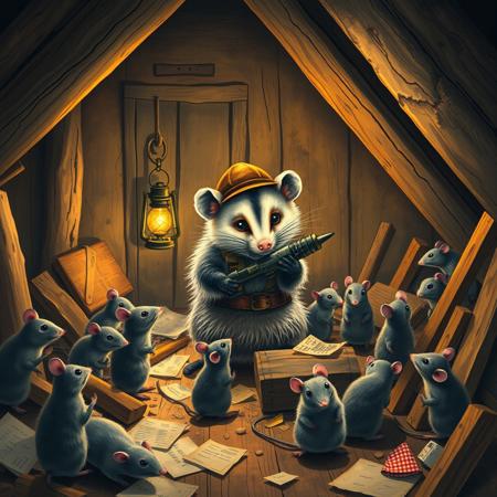 A small opossum  dressed as a miner drills in the  big attic of an old house. There is  lantern in the corner, warm light. The hammer drill is big.  The opossum is 
surrounded by group of grey mice. There are mess, paper, old wooden boards around. vivid colors, ukiyo-e  style