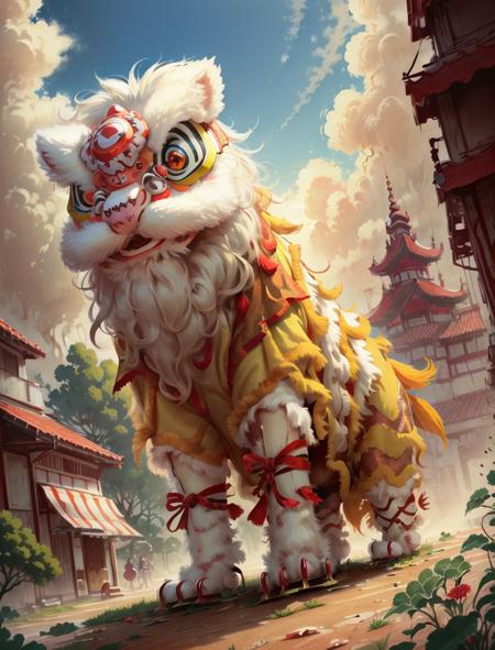 xingshi, lion costume, extra detailed, 8k, 4 legs,  outdoors, beautiful sky,  close up, high resolution,  <lora:xingshi-v1:1>, (Anime Scene, Toonshading, Satoshi Kon, Ken Sugimori, Hiromu Arakawa:1.2), (Anime Style, Manga Style:1.3), Low detail, sketch, concept art, line art, webtoon, manhua, hand drawn, defined lines, simple shades, minimalistic, High contrast, Linear compositions, Scalable artwork, Digital art, High Contrast Shadows, glow effects, humorous illustration, big depth of field, Masterpiece, colors, concept art, trending on artstation, Vivid colors, dramatic