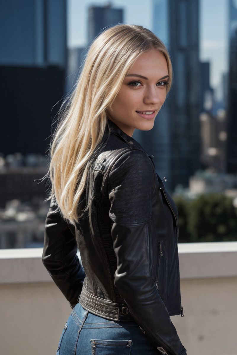 photo of S010_AlexGrey_v2, a gorgeous woman, (cityscape:1.2), wearing a (leather-jacket:1.2) and (jeans), (smiling), (8k, ...
