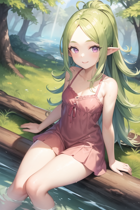 <lora:Nowi_fe-12:.5>, 1girl, solo, nowi_fe, purple eyes, light green hair, parted bangs, sundress, outdoors, forest,  sunbeam, light smile, stream, log, sitting, looking at viewer, v arms