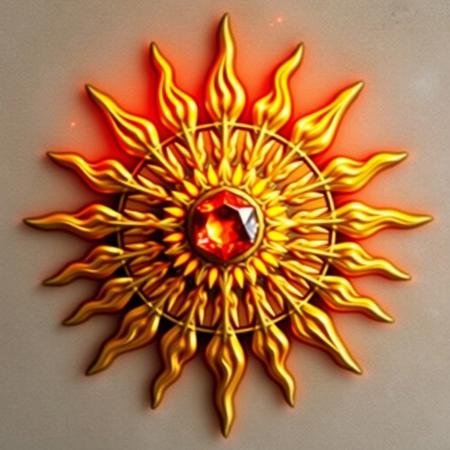 The sacred emblem of the Church of the Blazing Sun is a radiant symbol of divine fire and light. At its center is a glowing sun disk, crafted from gold, with flames etched in intricate detail radiating outward. These flames flicker with divine energy, symbolizing the purity and power of the sun. Surrounding the disk is a halo of fiery rays, each ray representing an aspect of illumination and divine wisdom. Embedded within the center is a crimson gemstone, glowing with an inner fire, reflecting the blazing fervor of the church's doctrine.
The emblem is often displayed on priestly garments, altar cloths, and temple walls, exuding warmth and intensity. It serves as a constant reminder of the church’s creed—light overcoming darkness, fire purifying all, and the sun's endless cycle of rebirth. The detailed flame motifs and metallic shine reflect the church’s power and relentless pursuit of truth.