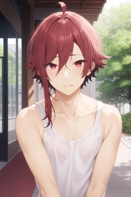 akane_yanagi red hair red eyes hair between eyes ahoge