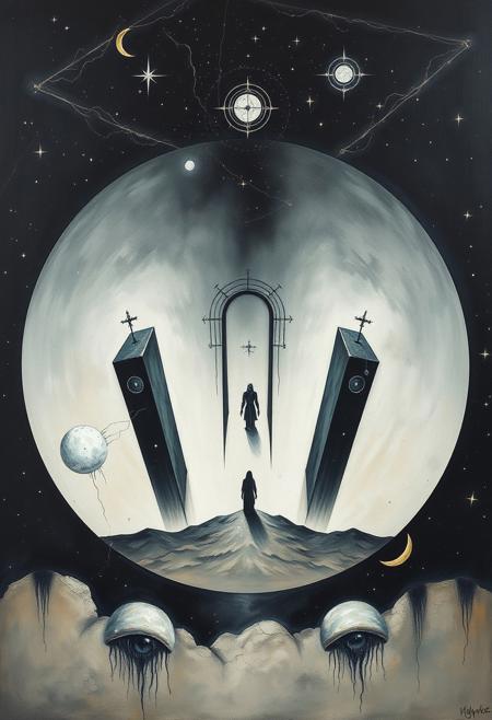 Overhead bird’s-eye view oil painting of Celestial Gateway Among the Stars. Symbolist art style with a surreal allegory, melancholic atmosphere, dreamlike figures, mythological elements, minimalist abstraction, bold geometric shapes, high contrast, eerie yet graphic composition. Delicate rendering with modernist simplicity, rich textures, visible brushstrokes, and top-down perspective.