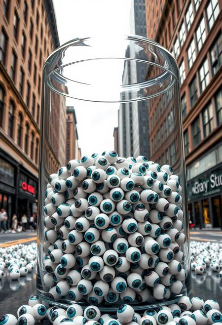 photo of a endless number of eyeballs filled a glass container of which size of building completely in the middle of city block
