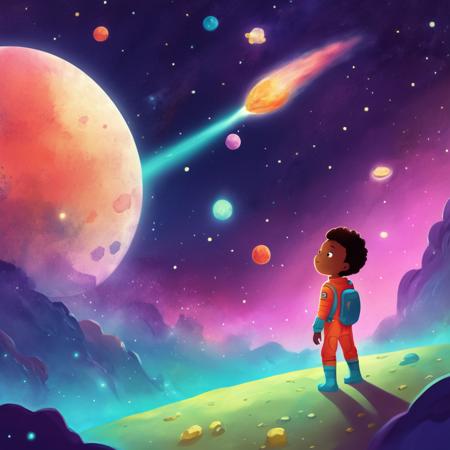 Space Children's Book Illustration, Galactic Color Palette, Friendly Alien, Meteor Shower, Outer Space Landscape, Cosmic Night, Wonder-filled Mood,
,Kids Book, KidsRedmAF,
 <lora:StorybookRedmondV2-KidsBook-KidsRedmAF:1>