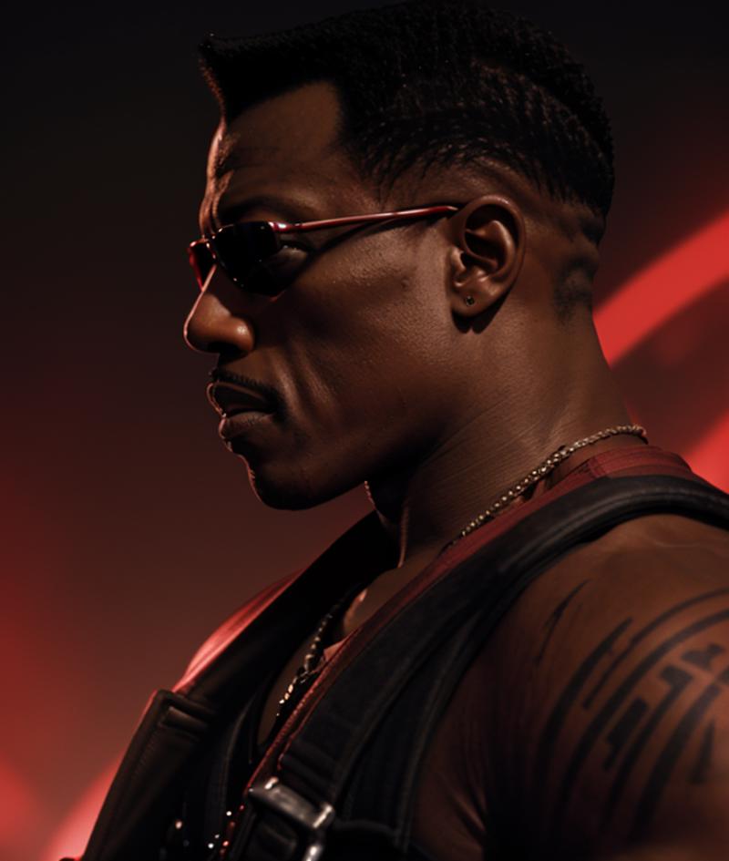 A man wearing a leather vest and sunglasses.