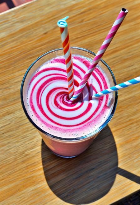 a milkshake glass, straw, Vortex inside the milkshake glass ( sandswirl),  table, view from above