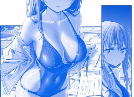 monochrome,blue theme, breasts,silent comic,1girl, swimsuit ,<lora:Kiseki-Himura4:1>