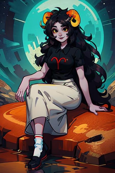 masterpiece, best quality, aradia, (horns), black hair, black shirt, collared shirt, white socks, long skirt, grey skin, yellow sclera, black eyes, very long hair, large breasts, wide hips,<lora:AradiaFull-09:1>, BREAK,
sitting, sitting on rock, rock, alien planet, crazy eyes, smile, eyeliner