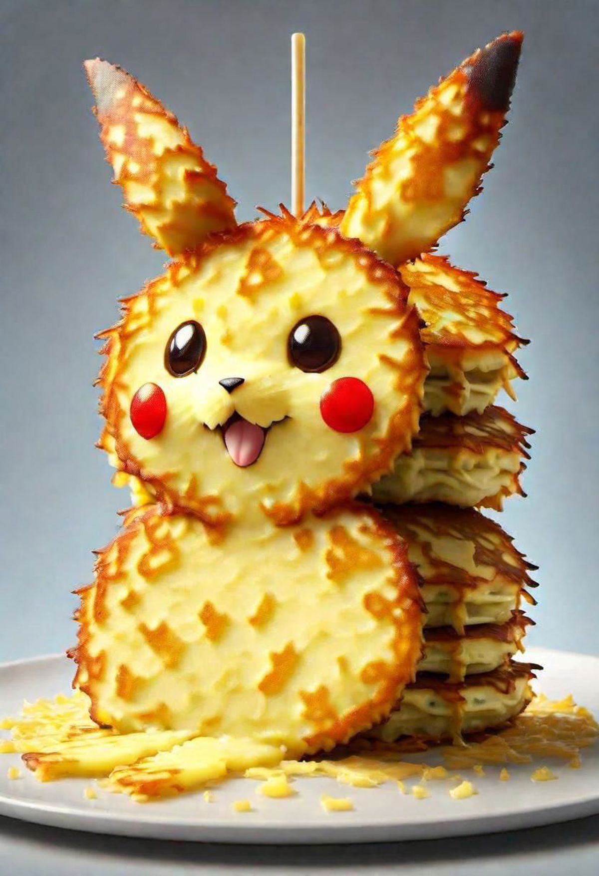 A stack of pancakes shaped like a Pikachu from Pokemon.