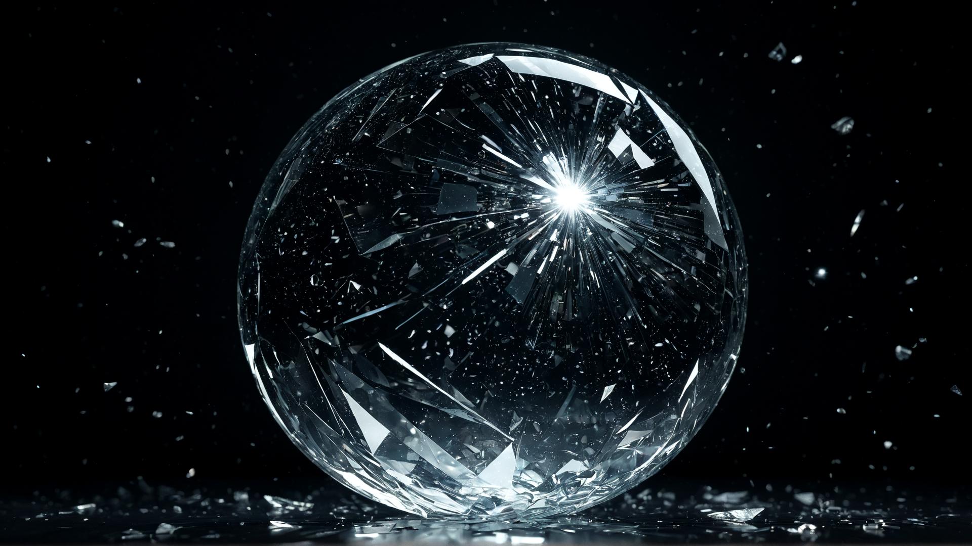 A shattered glass sphere, with shards floating in mid-air. The shards reflect soft light from unseen sources, casting tiny beams of light across the scene. The background is a deep black void, with soft shadows adding depth., Photorealistic, Hyperrealistic, Hyperdetailed, analog style, soft lighting, subsurface scattering, realistic, heavy shadow, masterpiece, best quality, ultra realistic, 8k, golden ratio, Intricate, High Detail, film photography, soft focus