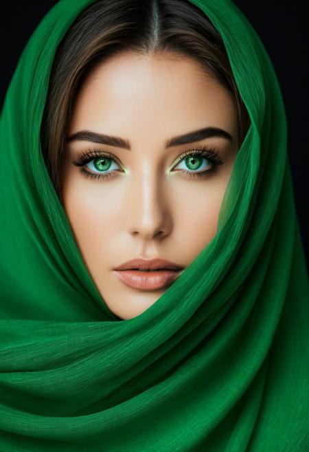 In this masterpiece of photography, captured by a Fujifilm camera, a minimalist black background serves as the canvas for an exquisite portrait. The woman's striking green eyes become the soul of the image, glowing with an almost hypnotic intensity that draws the viewer in. Partially obscured by flowing fabric, her face radiates an enigmatic and mysterious aura, emphasizing both beauty and depth.
Every detail is rendered with ultra-realistic precision, capturing the intricate textures of her smooth skin, delicate eyelashes, and the captivating irises that seem to shimmer under soft, directional lighting. The 8K HDR resolution enhances the depth and luminosity, making the image feel almost tangible.
The subtle gradient backdrop enhances the contrast between light and shadow, reinforcing the ethereal elegance of the composition. The interplay of sharp focus and blurred elements adds a layer of conceptual artistry, transforming this portrait into a visual metaphor of perception and emotion.
This cinematic, hyper-detailed photograph invites the viewer into a realm of surreal calm and introspective beauty, where minimalist abstraction meets the complexity of human expression.
Movie Still, Film Still, Cinematic, Cinematic Shot, Cinematic Lighting, reij-snrs, light and shadow by reij-snrs
