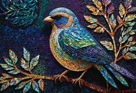 Create an intricate mosaic of a bird pieced together with vivid, holographic speckles that mimic the precision of digital interferometry