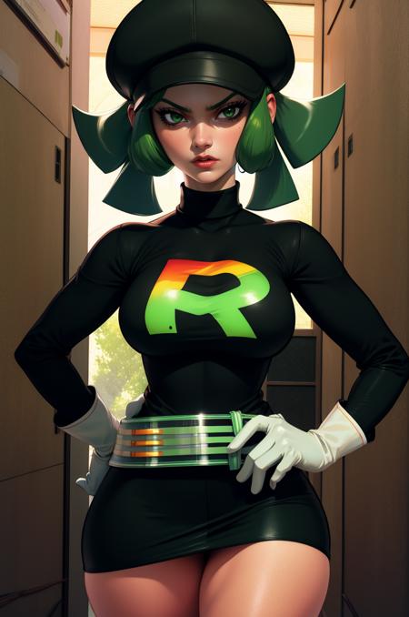 rinbogrunt,green hair,green eyes,short hair,
team rainbow rocket uniform,hat,belt,white gloves,black turtle neck,long sleeves,
solo,upper body,standing,serious,black miniskirt,thick,
secret base,
(insanely detailed, beautiful detailed face, masterpiece, best quality),<lora:RainbowRocket-10:0.8>,