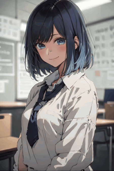 1girl, short hair, solo, blue hair, blue eyes, closed mouth, blurry background, upper body, black hair, school uniform, smile, school class 