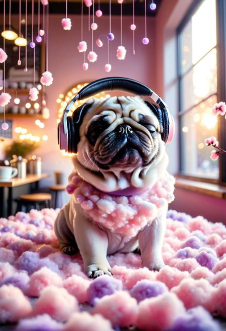lazypos, cottoncandy
a cotton candy pug with closed eyes, wearing wireless headphones, immersed in rhythmic melodies, soft smile of euphoria illuminating his face, surrounded by floating musical notes and cherry blossom petals, warm golden hour lighting with bokeh effects, pastel color palette of blush pink and pastel purple, healing atmosphere with glowing particles, dynamic composition with flowing hair strands, cozy coffee shop background with sunlight streaming through windows ,emotional resonance of musical therapy