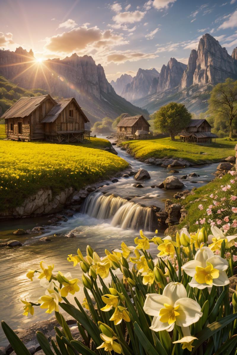 A picturesque valley with a waterfall and flower-covered hillside, featuring a small village.