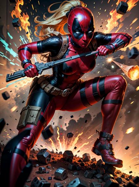 (LadyPool attacking:1), 1girl, (superhero, bodysuit, red leotard, belt, gun, hood:1), (red mask:1), looking at viewer, cute pose, leaning forward,
(detailed landscape,building, explosion:1), (dynamic_angle:1), (dynamic_pose:1.2), 
(masterpiece:1.2), (best quality, highest quality), (ultra detailed), (8k, 4k, intricate),(full body:1), (Cowboy-shot:1.2), (50mm), (highly detailed:1.2),(detailed face:1.2), detailed_eyes,(gradients),(ambient light:1.3),(cinematic composition:1.3),(HDR:1),Accent Lighting,extremely detailed,original, highres,(perfect_anatomy:1.2),
<lora:LadyPool_character:0.7>