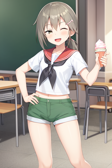 minowagin, hairclip, ponytail, 1girl, solo, one eye closed, shorts, green shorts, hand on hip, smile, open mouth, food, school uniform, chair, blush, serafuku, looking at viewer, ice cream, ;d, sailor collar