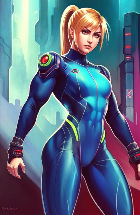 1girl, solo, looking at viewer, samus aran, serious face, flat chest, bodysuit, zero suit, ponytail, (muscular female), (thick arms), (abs), ((sci-fi)), cyberpunk, oil painting, traditional media, cartoon, ink, shading, 8k, highly detailed, intricate details