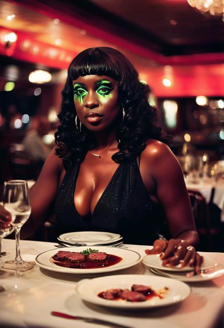 ()Hyoer Realistic:2.0)Polaroid picture of 
 image of an upscale steakhouse, where( a group of Beautiful mature, busty black women, each with a voluptuous figure :1.85) gather around a lavish table, (savoring their juicy steaks:1.50). Unbeknownst to them, the (restaurant's steak is infused with a green, hypnotic glowing slime:1.85) that seeps into their minds.
As they dine,  (solid glazed sclera eyes:3.30) ( and they become entranced, their faces slackening into a serene, obedient expression:2.45). The waitress, aware of the gel's effects, subtly guides them to leave extravagant tips, far exceeding the total bill.
