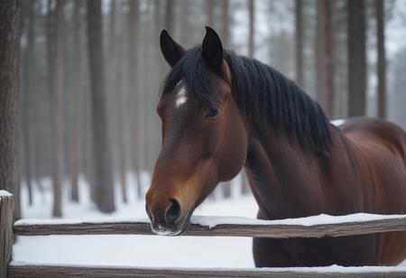 Close-up dark brown horse in an enclosure of old cedar posts for snowy fence, snowy forest background