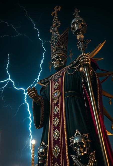 , 16k, raw, (ultra high picture quality), (intricate details), extremely realistic, ultra sharp focus, ((bottom lit/)/(underlighting)), full body,  epic view, ((dynamic photograph of a giant macabre riveted chrome and gold mechanical deity ) (tall jewelled mitre crown) (black and red smock), (holding a long magical pike sceptre, stylized sceptre of power with a black skull at the top), ( is destroying the city)), (outside late at night during an electrical storm), dealers of death, staring into the dark abyss, zoomed in, harbinger of sorrow, 
[horror , (double exposures), (low opacity overlays), nighttime, outdoor] , chaos background