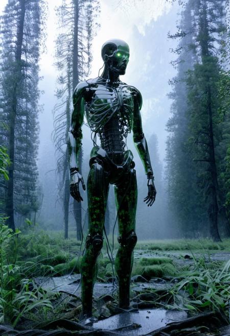 Blame! by Tsutomu Nihei see through cyborg, full body, forest background, mist, black oil splatter, black plated cables everywhere, translucent glass head, chips and electronics, in background, black oil splatter, green everywhere, symbiotic everywhere, insects everywhere titanium everywhere, electric everywhere, extreme closeup, easynegative, ng_deepnegative_v1_75t