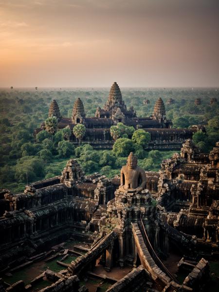 langscape of angkorwat at dawn, monk, ruins, temple, statue, most, tree, root, stone, epic, dim light <lora:ARWangkorwat:1>, <lora:add_detail:0.5>