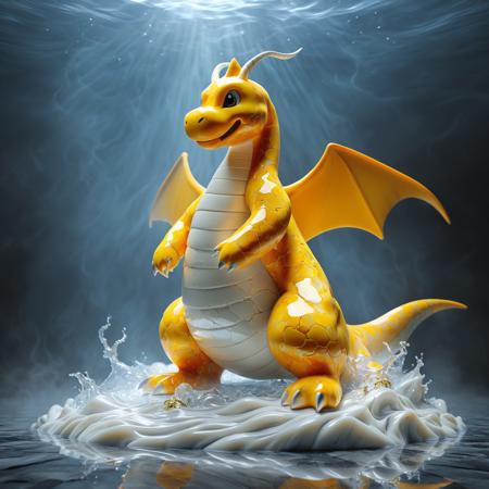 (masterpiece, best quality, very aesthetic, absurdres) Majestic orange, Dragonite sculpted from swirling liquid marble, body shimmering with intricate veins of gold and silver, highly detailed textures, cinematic lighting, ultra high-resolution, dynamic pose, set against a misty, ethereal background, style reminiscent of a fantasy illustration, perspective slightly low-angle for grandeur, mood mystical and awe-inspiring.
