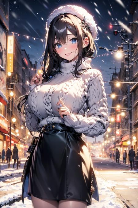 ((SFW)),masterpiece, (best quality, ultra-detailed:1.4),  (ultra high res:1.5), (sharp focus), (insanely detailed:1.3), (perfect anatomy), super fine (cel animation),
cowboy shot, anime beautiful girl, solo, backlight, solo, kawaii shibuya fashion, huge breast, deep cute beret,(woolen sweater:1.4),happy smiling, woolen Scarf,long flare skirt,
(winter, snowing:1.2),(fantastic illumination), night view, stary sky, joyful dating,absurdity delicate background and landscape ah1