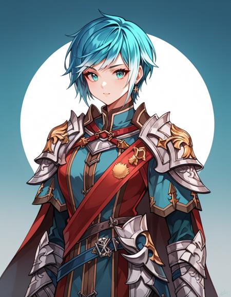 turquoise, short hair, swept bangs, white right side bang, turquoise eyes, marleid armor, red cloak, 