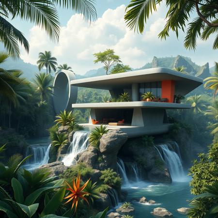 A futuristic concrete modern house on a waterfall, with exotic luxuriant vegetation around, in a tropical jungle setting, photorealistic, a masterpiece, 4K, high details