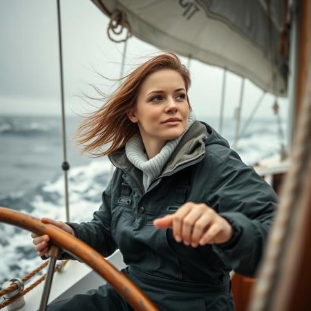 beautiful woman steering sailing yacht in heavy seas, rain jacket, overalls, hair blowing, close up