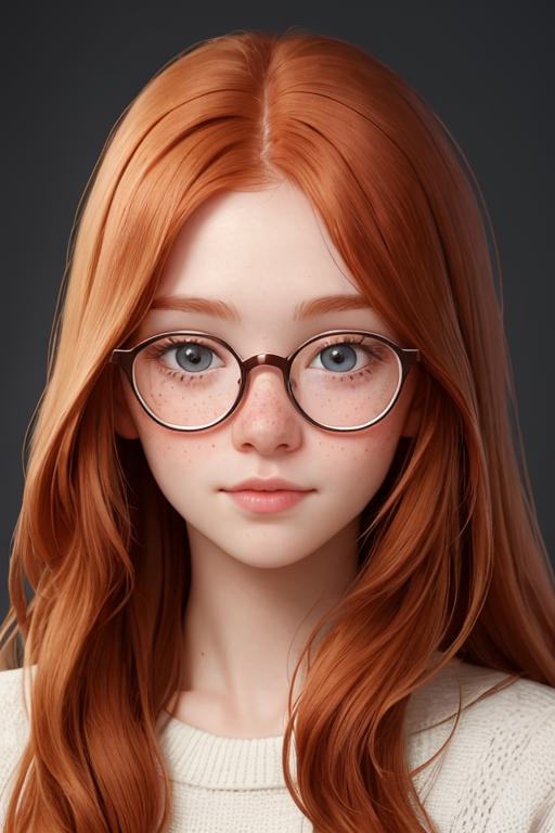 A cute redhead girl with glasses and long hair.
