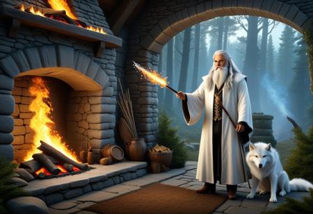 flux stil ,ultra realistic image with high resolution and stable focus correct and accurate anatomy, correct and accurate objects, perfect detail, ultra realism, photo realism, an image depicting a magician, a dtsrec with a long beard and white long hair leaning on his magic wand standing next to a hearth in which a magical fire burns in front of his stone house merges with the forest landscape, next to him there is 1 huge dragon staring into the fire, at the feet of the magician lies a meekly huge white wolf. ultra detail