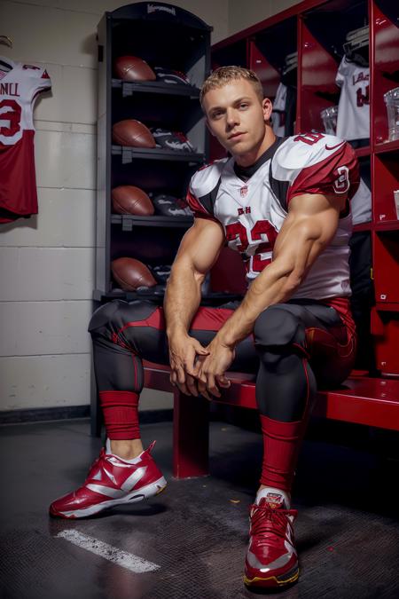 in an American football locker room, (sitting on a bench), legs spread open, muscular CFDawson, American football player wearing American football uniform, American football shoulder pads, (cardinal red jersey:1.4), jersey number 29, (black football pants and pads:1.4), (cardinal red socks:1.2), (black sneakers:1.2), (((full body portrait))), wide angle  <lora:CFDawson:0.7>