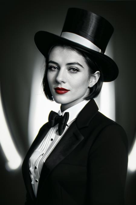 photo of a woman, lhurley,((wearing a tuxedo jacket, shirt, bowtie, top hat, short hair):1.1), ((closeup, portrait)),((on stage, spotlights):1.2), ((red lipstick, makeup)), (smile), ((best quality, masterpiece, extreme details, high resolution):1.2),((detailed eyes, beautiful eyes, detailed face, beautiful face):1.2)