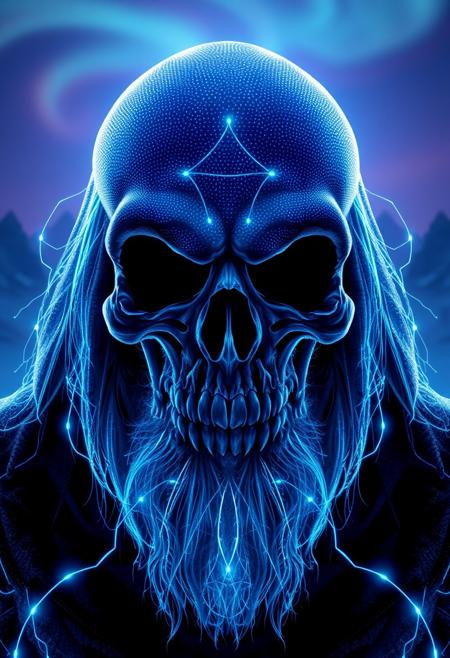 A symmetric portrait of Masters of the universe Skeletor, features dissolving into frozen magic thin, luminescent blue lines. Weighted Voronoi stippling and laser caustics create a network, transitioning from hyperrealistic detail to abstract, quantum-inspired forms. Ethereal hues blend, evoking existential transition and mystery. Close-up on face, evil skull partially visible. Set against a twilight arctic backdrop, icy winds ripple through his tattered robes. Rendered in a fusion of photorealism and digital surrealism, the scene is illuminated by ghostly Northern Lights. Emphasis on cold, menacing atmosphere, invoking Nordic myths