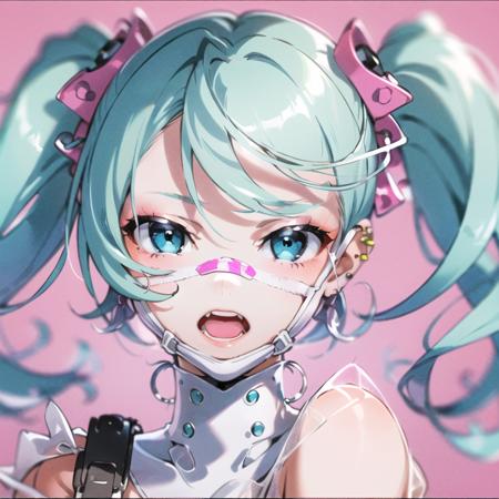 vvi\(artstyle\), vvi\(face\),1girl, solo, mask, mouth mask, jewelry, pink background, bandaid, looking at viewer, blurry, twintails, blue eyes, bangs, earrings, open mouth, aqua hair, piercing, depth of field, portrait,<lora:Vivid_Impactful_Style_1-0:0.8>